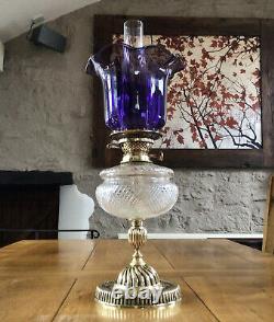 Antique Oil Lamp Duplex NuSun Burner Cut Crystal Font Purple Glass Shade