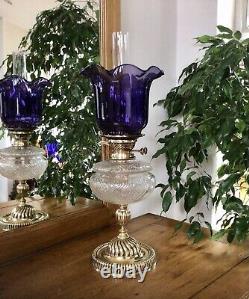 Antique Oil Lamp Duplex NuSun Burner Cut Crystal Font Purple Glass Shade