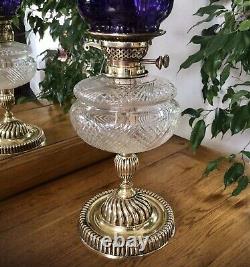 Antique Oil Lamp Duplex NuSun Burner Cut Crystal Font Purple Glass Shade