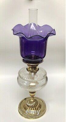 Antique Oil Lamp Duplex NuSun Burner Cut Crystal Font Purple Glass Shade