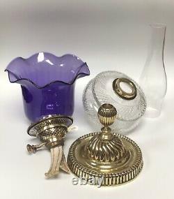 Antique Oil Lamp Duplex NuSun Burner Cut Crystal Font Purple Glass Shade