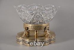 Antique Original Victorian Crystal Cut Glass Cherub Silverplate Centerpiece Bowl