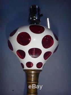 Antique Overlay Glass Lamp White Cut to Cranberry Silverplate Crystal Base Czech