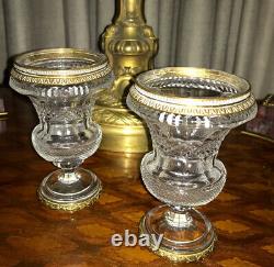 Antique Pair Diamond Cut Crystal Gilt Bronze Miniature Urn /Vases
