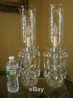 Antique Pair Lead Crystal Prism Hand Cut Hurricane Lamps Tall 19 GORGEOUS