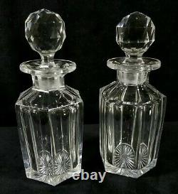 Antique Pair Matching Cut Crystal Decanters Sm Hvy 6Sided Polished 7.2x2.7 VGOOD