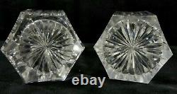 Antique Pair Matching Cut Crystal Decanters Sm Hvy 6Sided Polished 7.2x2.7 VGOOD