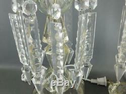 Antique Pr. Crystal Luster Table Lamps Cut Spear Prisms Glass Hurricane Shade