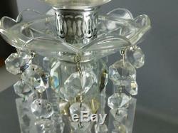Antique Pr. Crystal Luster Table Lamps Cut Spear Prisms Glass Hurricane Shade