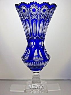 Antique Rare Bohemian Crystal Hobstar Cut To Clear Cobalt Blue Vase-14 Tall