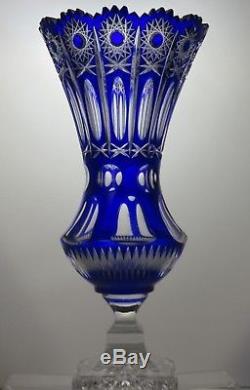 Antique Rare Bohemian Crystal Hobstar Cut To Clear Cobalt Blue Vase-14 Tall