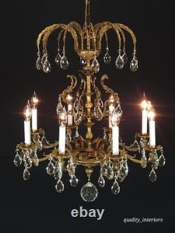 Antique Shimmering Sumptuous Stately Brass Cut Lead Glass Crystal Chandelier