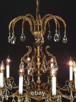 Antique Shimmering Sumptuous Stately Brass Cut Lead Glass Crystal Chandelier