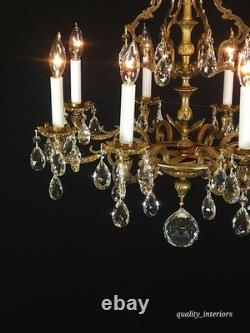 Antique Shimmering Sumptuous Stately Brass Cut Lead Glass Crystal Chandelier