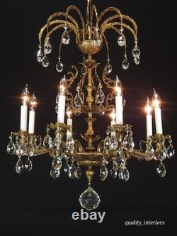 Antique Shimmering Sumptuous Stately Brass Cut Lead Glass Crystal Chandelier