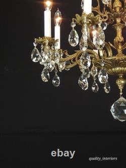 Antique Shimmering Sumptuous Stately Brass Cut Lead Glass Crystal Chandelier