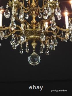 Antique Shimmering Sumptuous Stately Brass Cut Lead Glass Crystal Chandelier