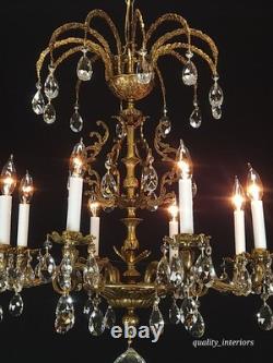 Antique Shimmering Sumptuous Stately Brass Cut Lead Glass Crystal Chandelier