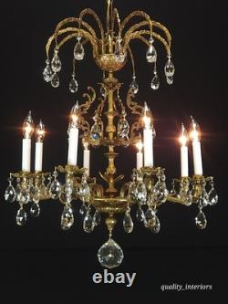 Antique Shimmering Sumptuous Stately Brass Cut Lead Glass Crystal Chandelier