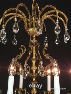 Antique Shimmering Sumptuous Stately Brass Cut Lead Glass Crystal Chandelier