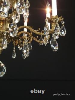 Antique Shimmering Sumptuous Stately Brass Cut Lead Glass Crystal Chandelier