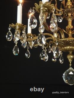 Antique Shimmering Sumptuous Stately Brass Cut Lead Glass Crystal Chandelier