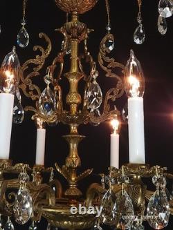 Antique Shimmering Sumptuous Stately Brass Cut Lead Glass Crystal Chandelier