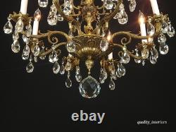 Antique Shimmering Sumptuous Stately Brass Cut Lead Glass Crystal Chandelier