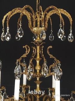 Antique Shimmering Sumptuous Stately Brass Cut Lead Glass Crystal Chandelier