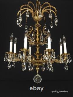 Antique Shimmering Sumptuous Stately Brass Cut Lead Glass Crystal Chandelier
