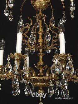 Antique Shimmering Sumptuous Stately Brass Cut Lead Glass Crystal Chandelier