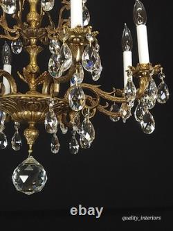 Antique Shimmering Sumptuous Stately Brass Cut Lead Glass Crystal Chandelier