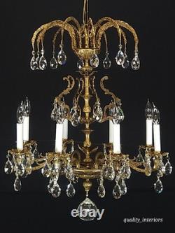 Antique Shimmering Sumptuous Stately Brass Cut Lead Glass Crystal Chandelier