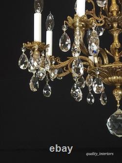 Antique Shimmering Sumptuous Stately Brass Cut Lead Glass Crystal Chandelier