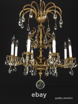 Antique Shimmering Sumptuous Stately Brass Cut Lead Glass Crystal Chandelier
