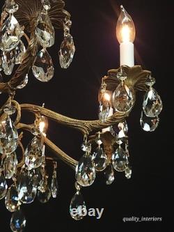 Antique Stunning Shimmering Stately Brass Cut Lead Glass Crystal Chandelier