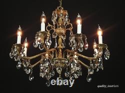 Antique Stunning Shimmering Stately Brass Cut Lead Glass Crystal Chandelier