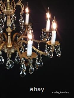 Antique Stunning Shimmering Stately Brass Cut Lead Glass Crystal Chandelier