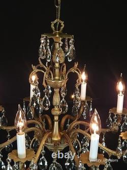 Antique Stunning Shimmering Stately Brass Cut Lead Glass Crystal Chandelier