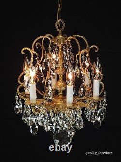 Antique Super Fussy Birdcage Gleaming Brass Cut Lead Glass Crystal Chandelier