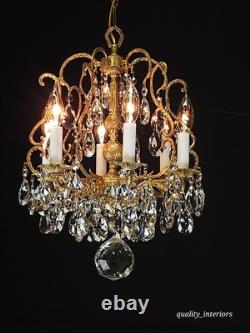 Antique Super Fussy Birdcage Gleaming Brass Cut Lead Glass Crystal Chandelier