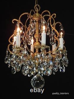 Antique Super Fussy Birdcage Gleaming Brass Cut Lead Glass Crystal Chandelier