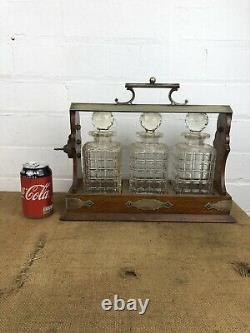 Antique Three Cut Glass Crystal Decanters in Wooden Tantalus with Key AF