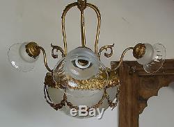 Antique Victorian Chandelier Art Glass Cut Crystal Deco Shades & Globe 4 Lights