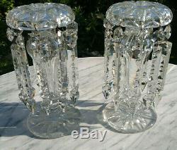 Antique Victorian Crystal Clear Glass Mantel Lustres Deep Cut 10 Tall