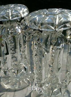 Antique Victorian Crystal Clear Glass Mantel Lustres Deep Cut 10 Tall
