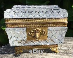 Antique Victorian French Dore Bronze Cut Glass Crystal Trinket Box Casket & Key