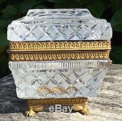 Antique Victorian French Dore Bronze Cut Glass Crystal Trinket Box Casket & Key