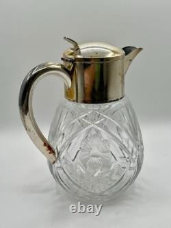 Antique Victorian German Silver Plated Cut Crystal Glass Lemonade Pitcher 10