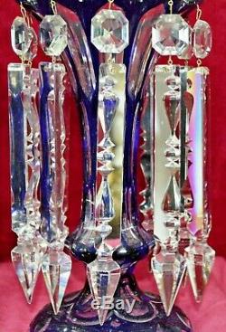 Antique Victorian Large Bristol Blue Cut to Clear Crystal Glass Lustres Pair of